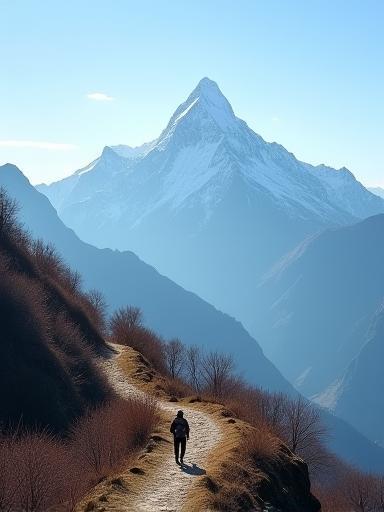 Photojournalism image showing serene Himalayan mountain trek