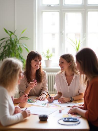 Creative workshop participants collaborating in a bright space