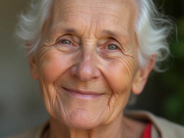 Close-up portrait of an elderly woman smiling warmly with soft background