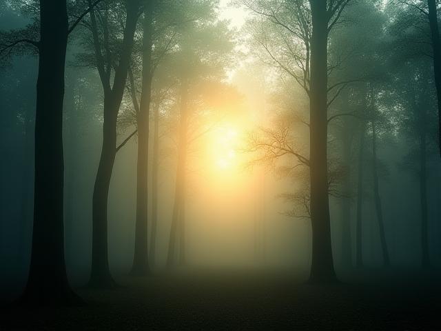Misty forest landscape during dawn with soft golden light