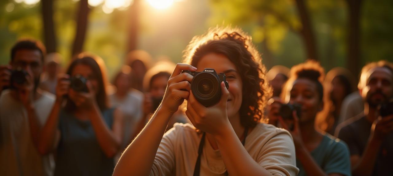 Participants engaged in a photography and mindfulness workshop outdoors