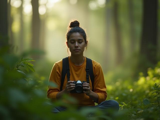 Participant meditating before taking a photograph in a forest workshop