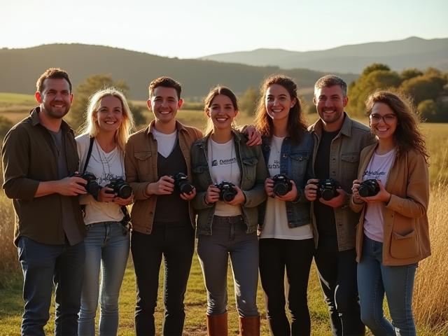 Group photo of workshop attendees smiling with cameras in a rural setting